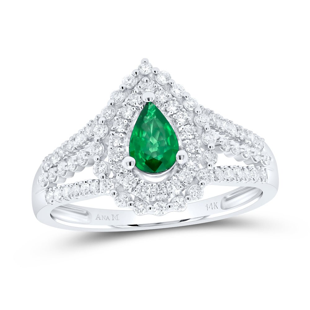 14K White Gold Diamond Pear Emerald Gemstone Ring 1/2 Cttw - Splendid Jewellery