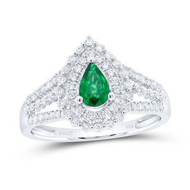 14K White Gold Diamond Pear Emerald Gemstone Ring 1/2 Cttw - Splendid Jewellery
