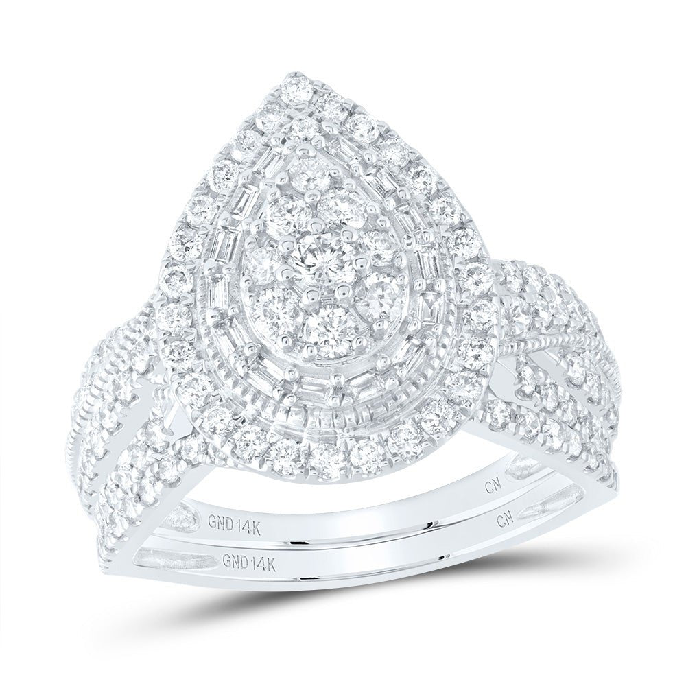 14K White Gold Diamond Pear Single Halo Bridal Set 1 Cttw - Splendid Jewellery
