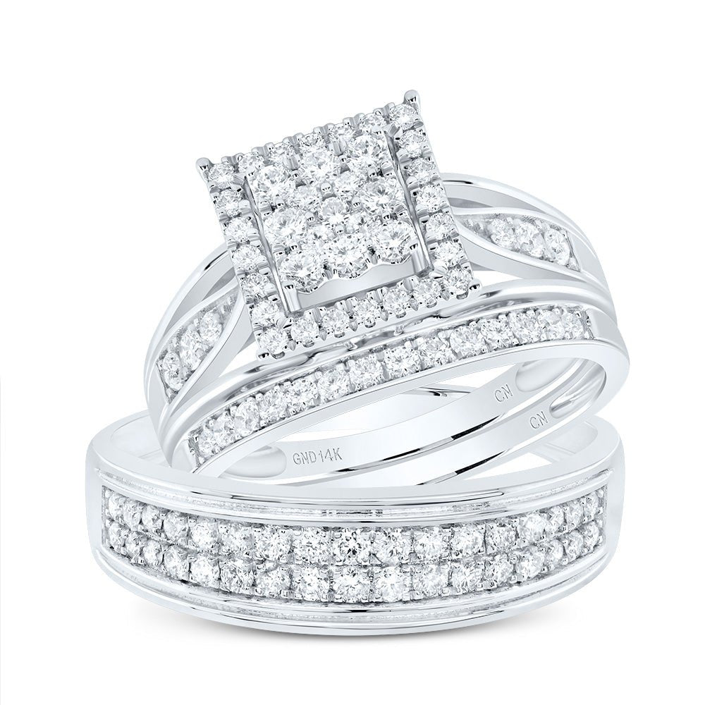 14K White Gold Diamond Square Trio Ring Set 1 Cttw - Splendid Jewellery