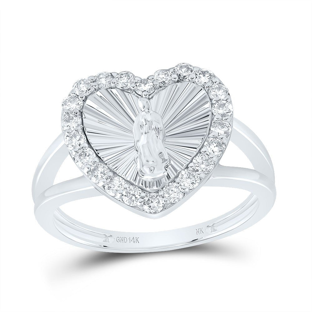 14K White Gold Diamond Virgin Mother Mary Heart Women's Ring 1/2 Cttw - Splendid Jewellery