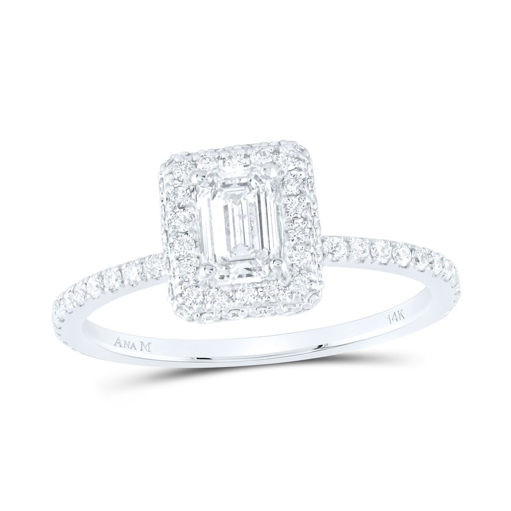 14K White Gold Emerald Diamond Single Halo Engagement Ring 7/8 Cttw - Splendid Jewellery