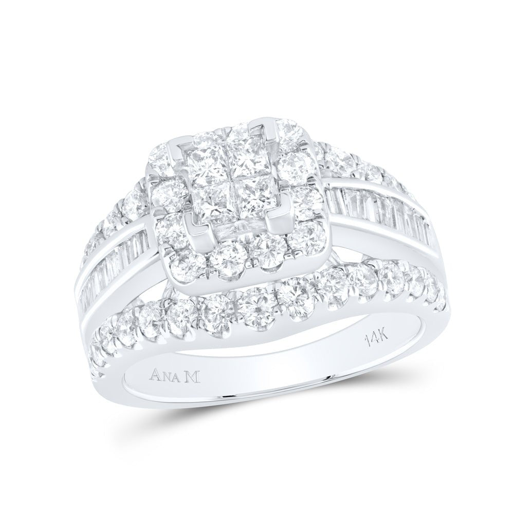 14K White Gold Princess Diamond Cluster Bridal Wedding Engagement Ring 2 Cttw - Splendid Jewellery