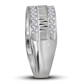 14K White Gold Round Diamond Men's Channel Set Grecco Textured Double Row Wedding Band Ring 1 Cttw - Splendid Jewellery