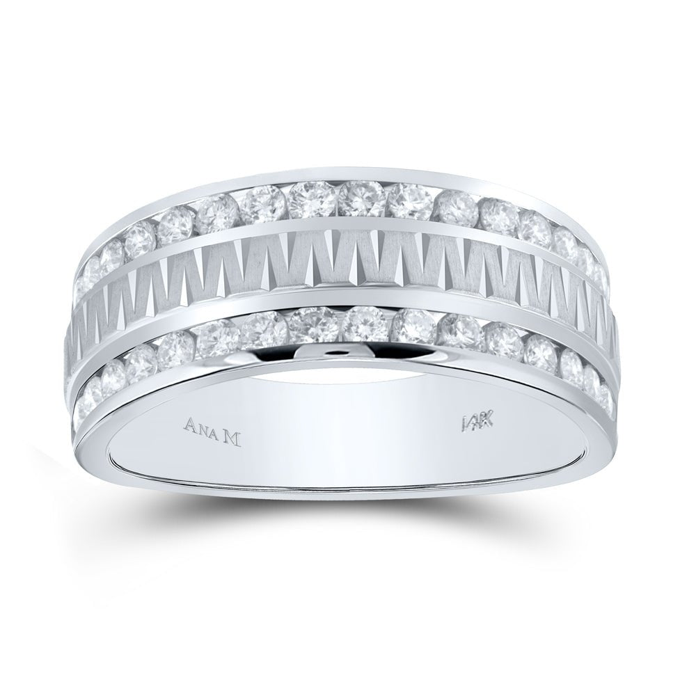 14K White Gold Round Diamond Men's Channel Set Grecco Textured Double Row Wedding Band Ring 1 Cttw - Splendid Jewellery