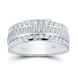 14K White Gold Round Diamond Men's Channel Set Grecco Textured Double Row Wedding Band Ring 1 Cttw - Splendid Jewellery