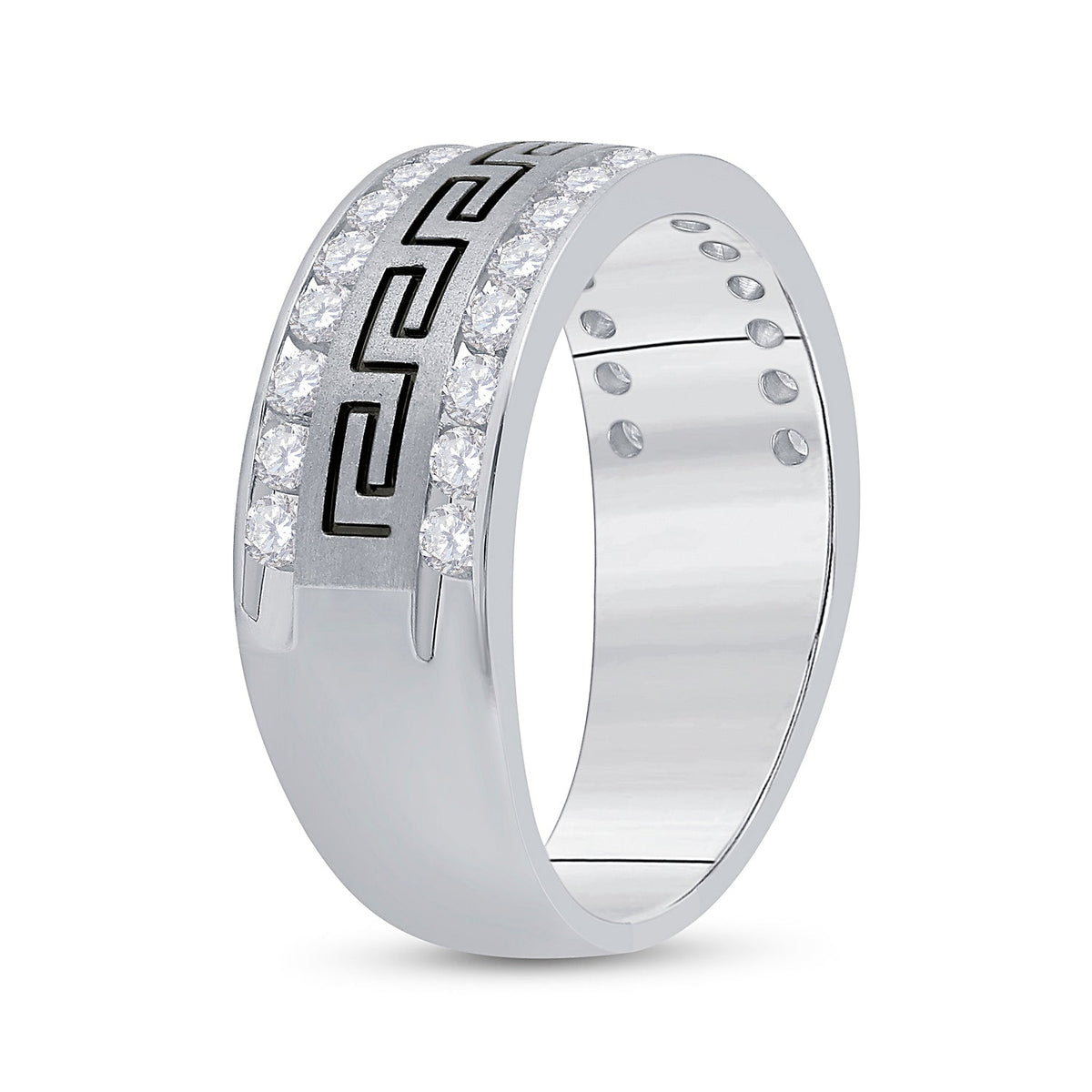 14K White Gold Round Diamond Men's Double Row Grecco Greek Key Wedding Band 1 Cttw - Splendid Jewellery