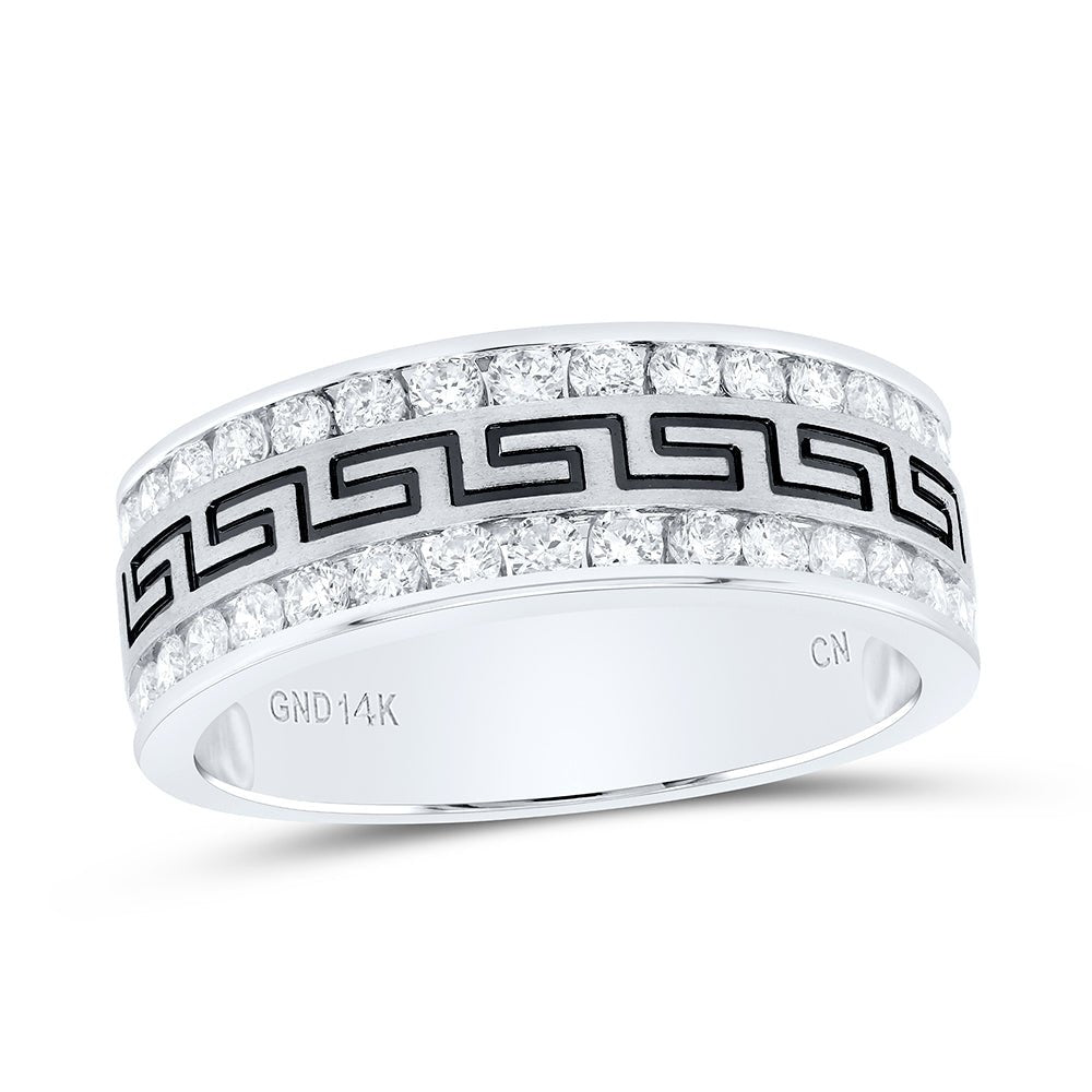 14K White Gold Round Diamond Men's Double Row Grecco Greek Key Wedding Band 1 Cttw - Splendid Jewellery