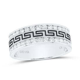 14K White Gold Round Diamond Men's Double Row Grecco Greek Key Wedding Band 1 Cttw - Splendid Jewellery