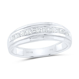 14K White Gold Round Diamond Men's Single Row Grooved Wedding Band Ring 1/4 Cttw - Splendid Jewellery