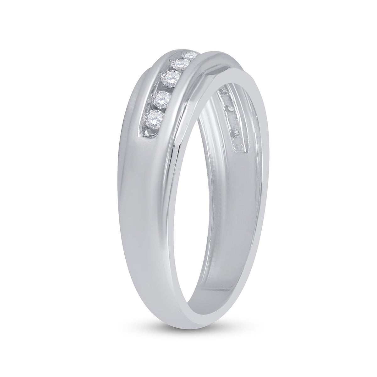 14K White Gold Round Diamond Men's Single Row Grooved Wedding Band Ring 1/4 Cttw - Splendid Jewellery