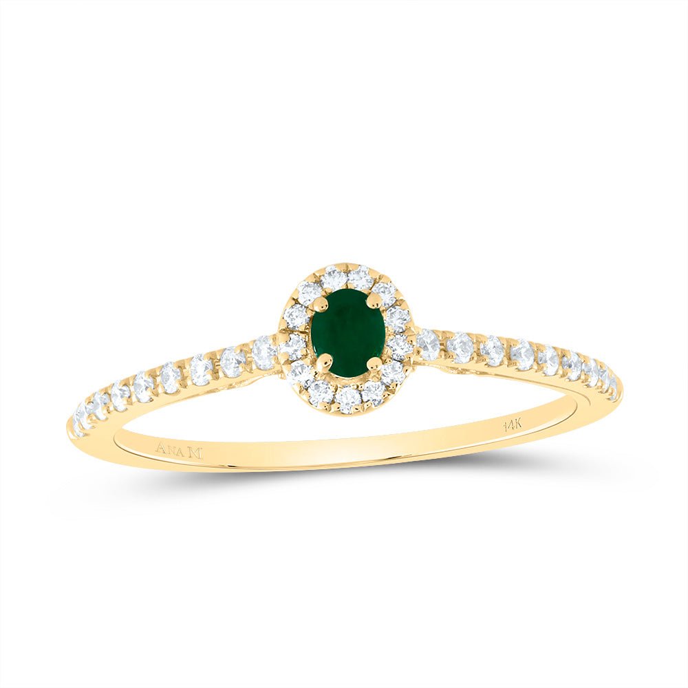 14K Yellow Gold Diamond 3x2. Oval Emerald Gemstone Ring 1/5 Cttw - Splendid Jewellery