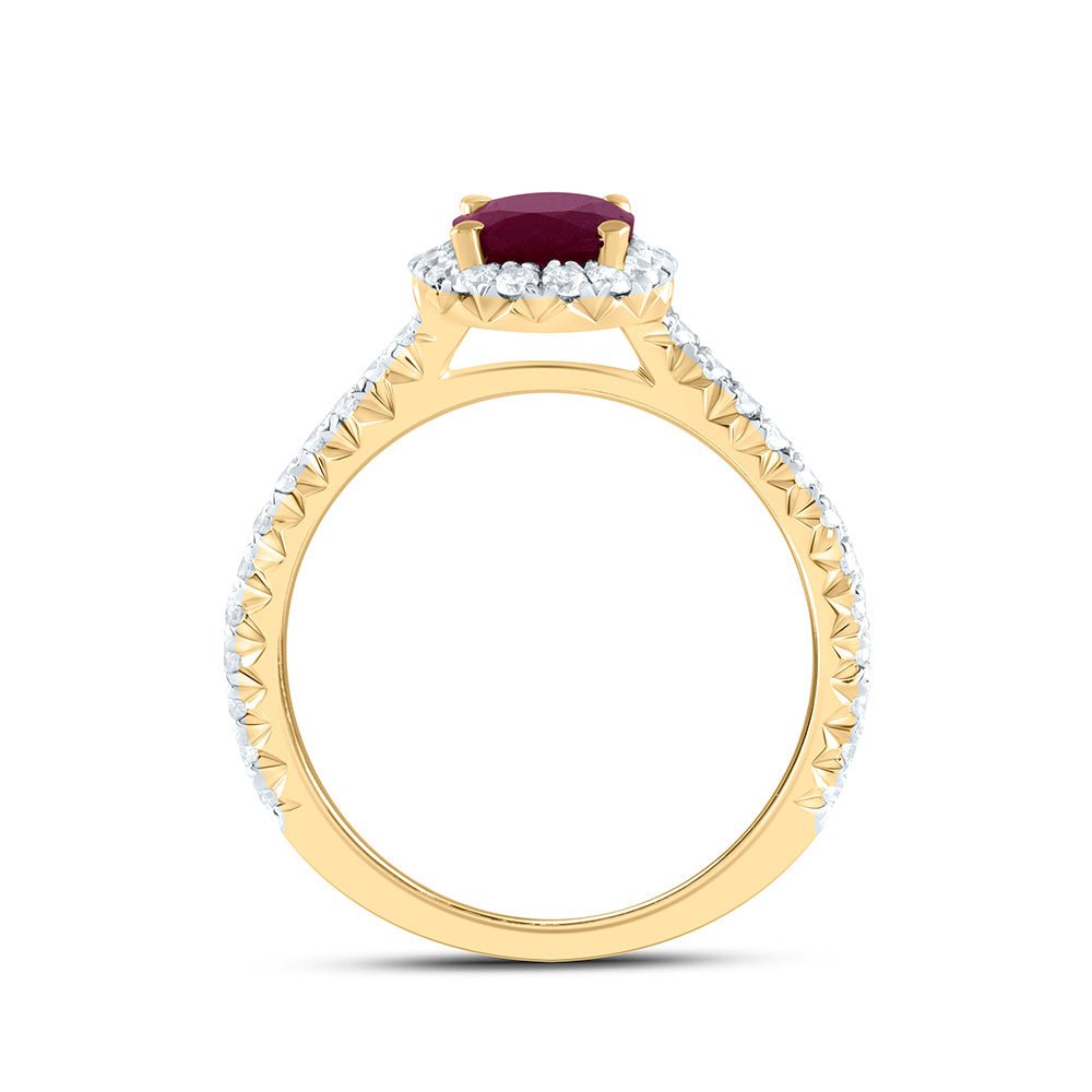 14K Yellow Gold Diamond 7.5x5. Oval Ruby Gemstone Single Halo Engagement Ring 1/2 Cttw - Splendid Jewellery