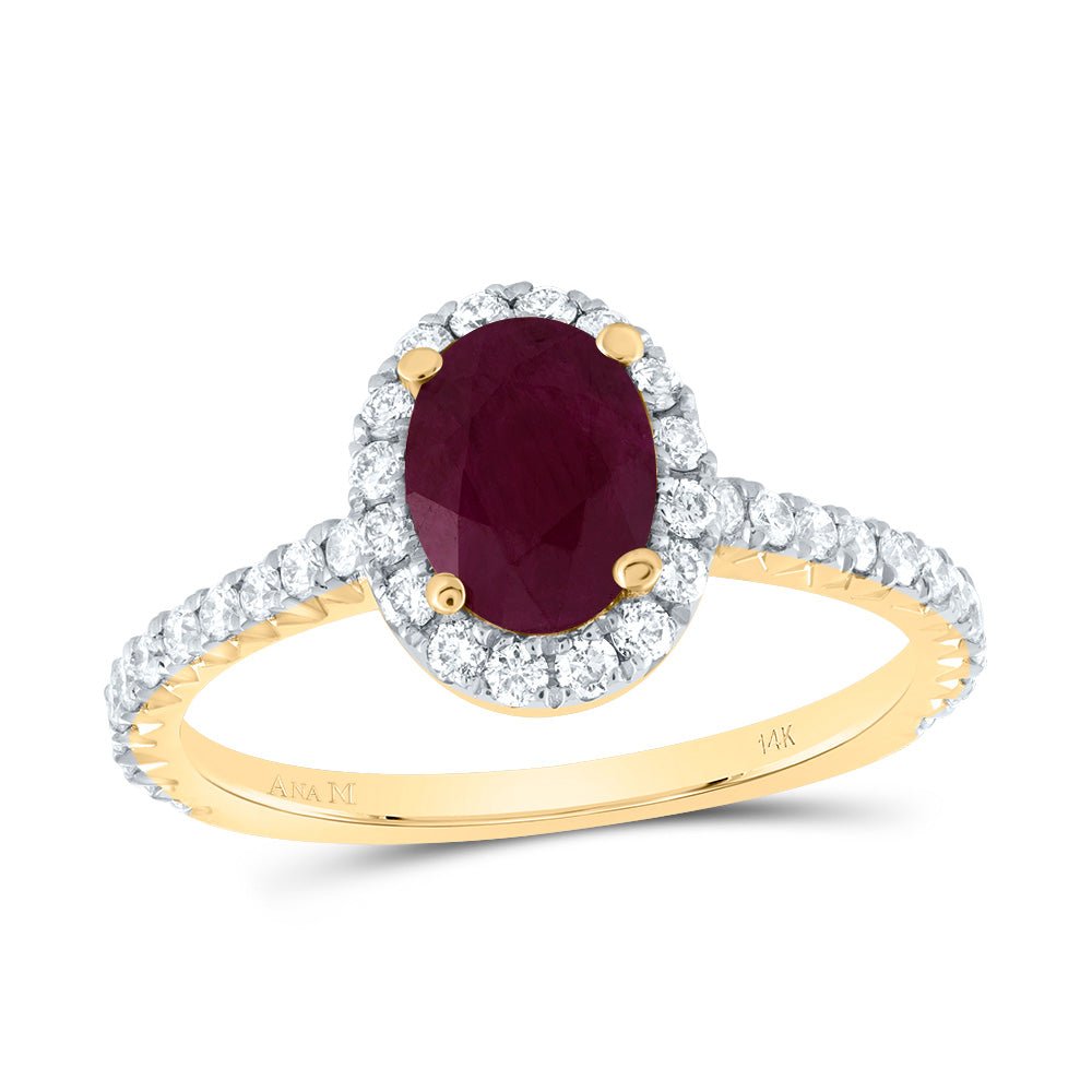 14K Yellow Gold Diamond 7.5x5. Oval Ruby Gemstone Single Halo Engagement Ring 1/2 Cttw - Splendid Jewellery