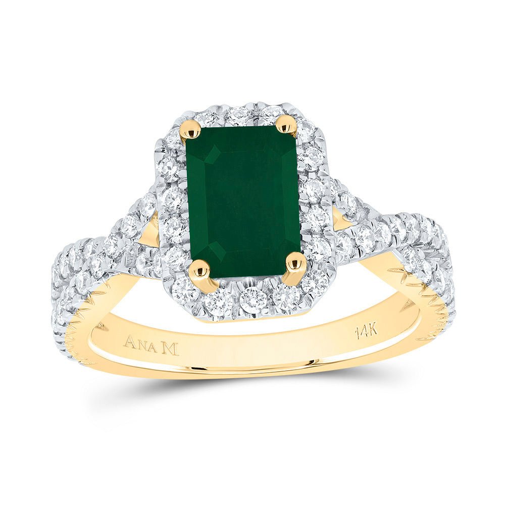 14K Yellow Gold Diamond 8x5. Oct Emerald Gemstone Single Halo Engagement Ring 3/4 Cttw - Splendid Jewellery