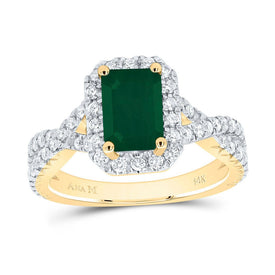 14K Yellow Gold Diamond 8x5. Oct Emerald Gemstone Single Halo Engagement Ring 3/4 Cttw - Splendid Jewellery