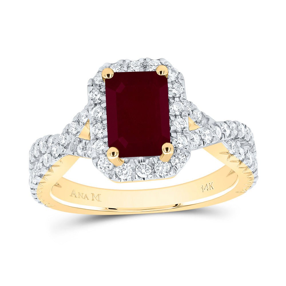14K Yellow Gold Diamond 8x5. Oct Ruby Gemstone Single Halo Engagement Ring 3/4 Cttw - Splendid Jewellery