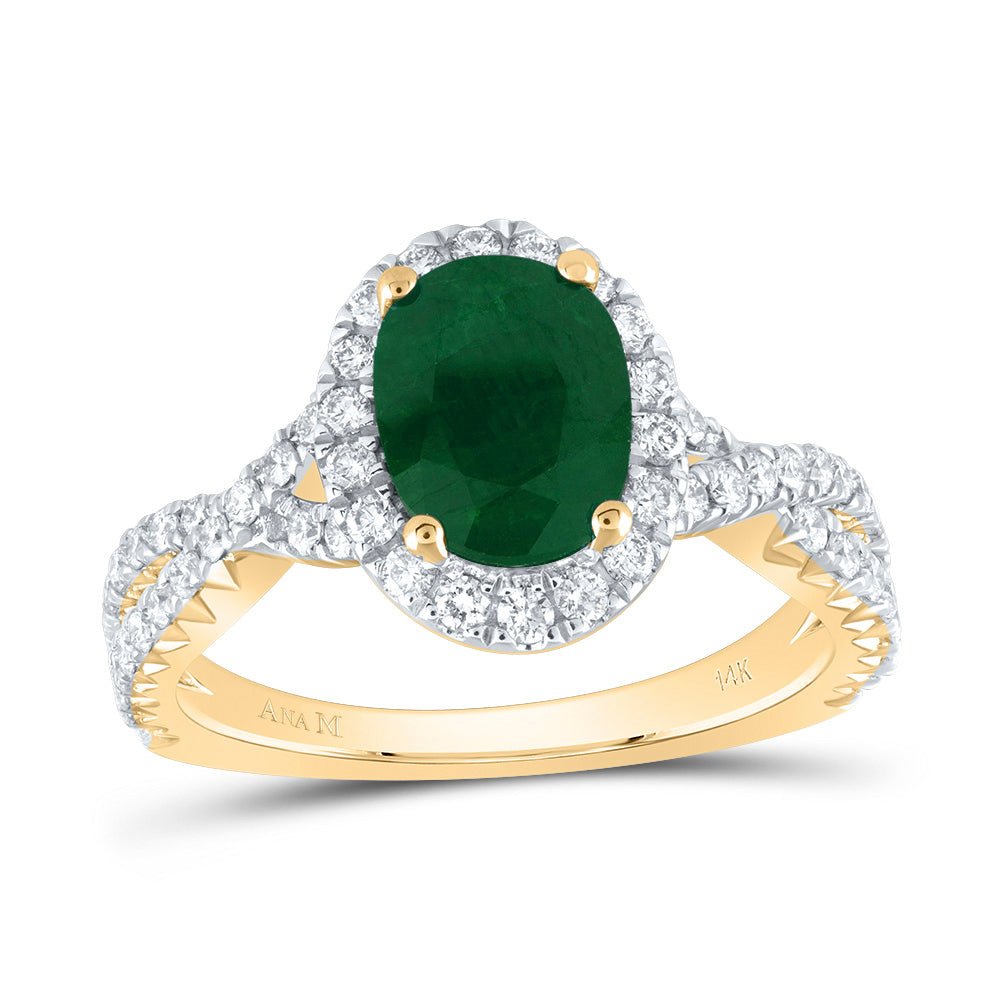 14K Yellow Gold Diamond 9x6. Oval Emerald Gemstone Single Halo Engagement Ring 3/4 Cttw - Splendid Jewellery