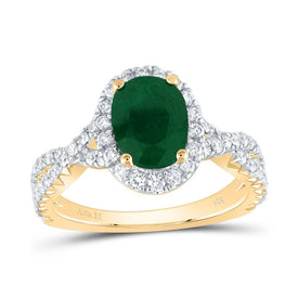 14K Yellow Gold Diamond 9x6. Oval Emerald Gemstone Single Halo Engagement Ring 3/4 Cttw - Splendid Jewellery