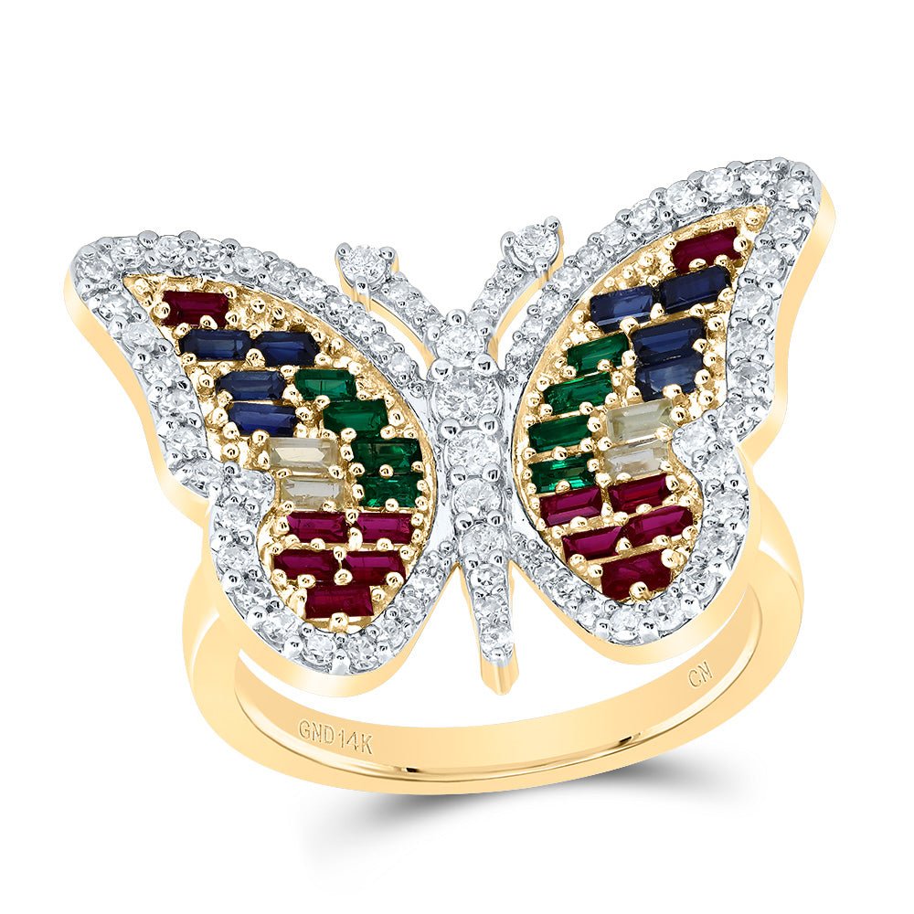 14K Yellow Gold Diamond Bag Gemstone Multi Colour Sapphire Butterfly Ring 1/2 Cttw - Splendid Jewellery