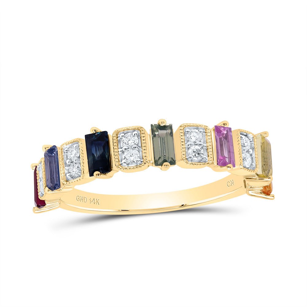 14K Yellow Gold Diamond Bag Gemstone Multi Colour Sapphire Ring 1/6 Cttw - Splendid Jewellery