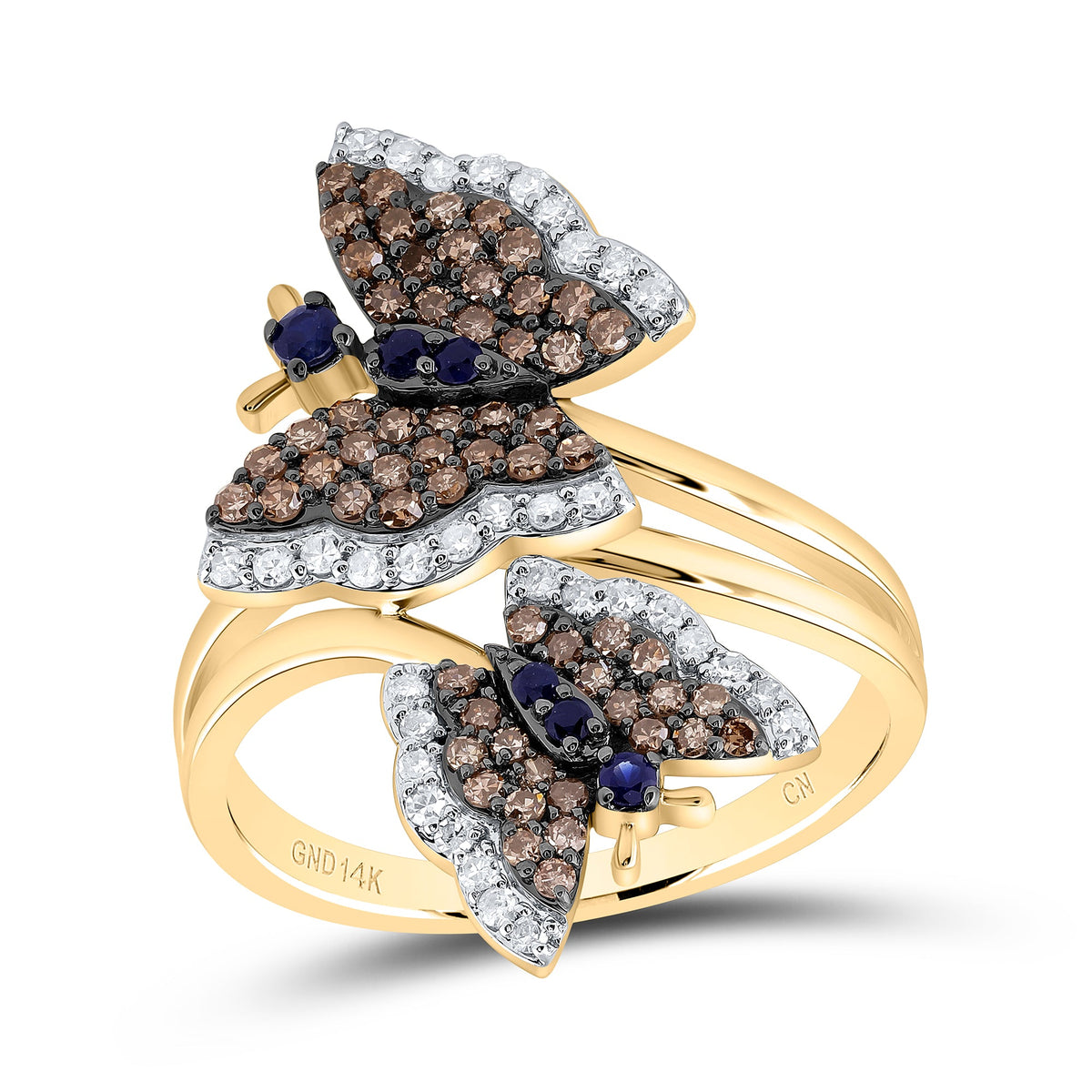 14K Yellow Gold Diamond Blue Sapphire Gemstone Butterfly Ring 3/4 Cttw - Splendid Jewellery