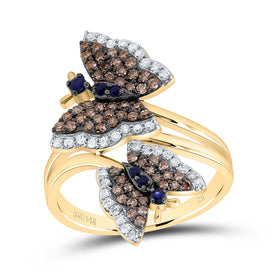 14K Yellow Gold Diamond Blue Sapphire Gemstone Butterfly Ring 3/4 Cttw - Splendid Jewellery
