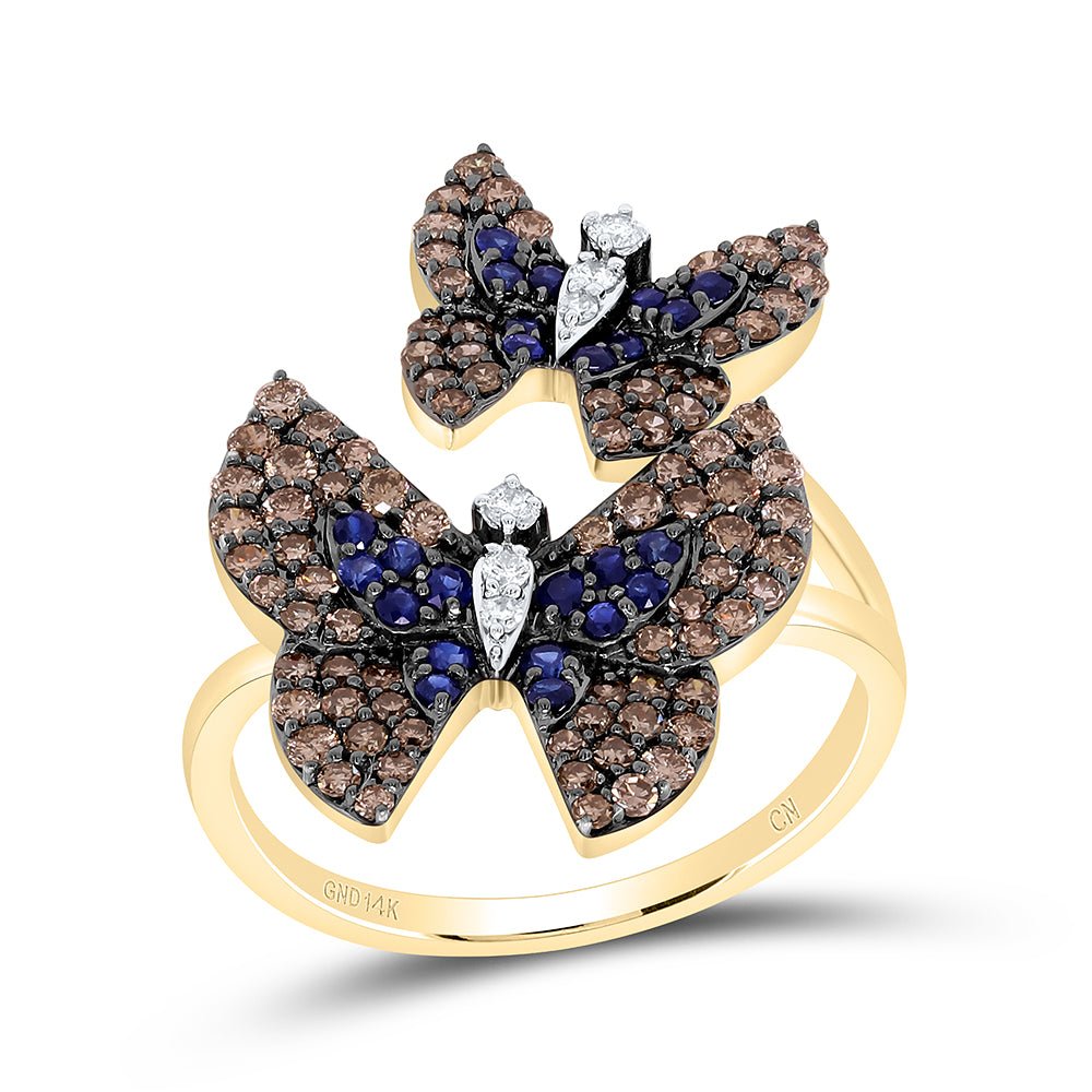14K Yellow Gold Diamond Blue Sapphire Gemstone Butterfly Ring 7/8 Cttw - Splendid Jewellery