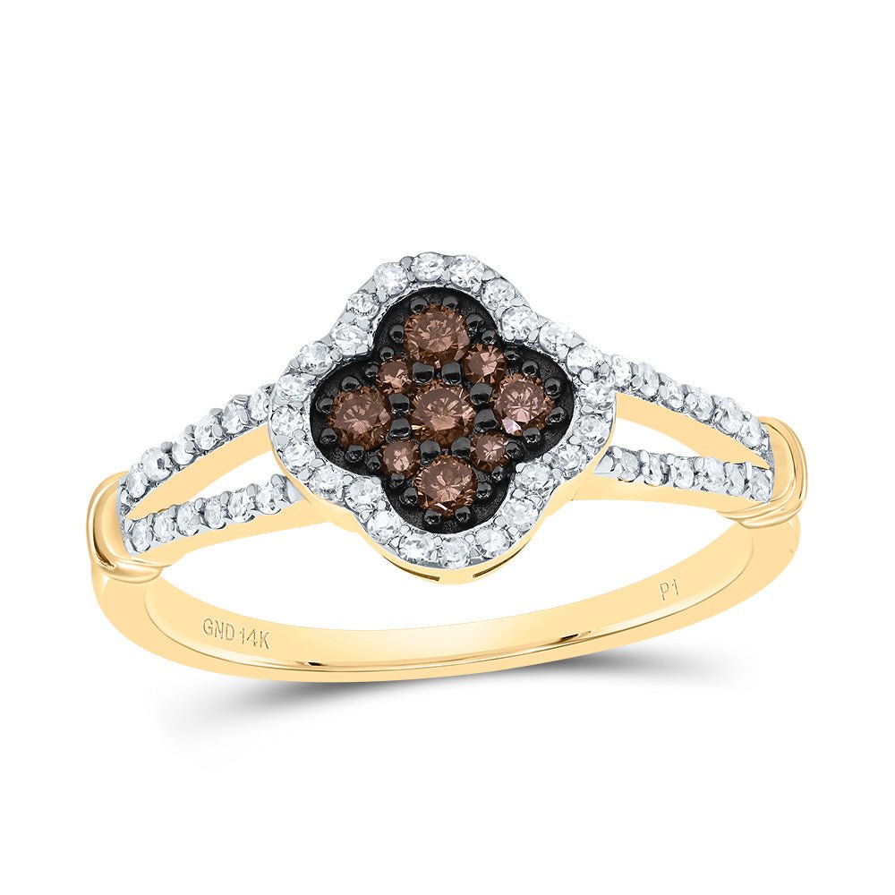 14K Yellow Gold Diamond Cognac Clover Ring 1/3 Cttw - Splendid Jewellery