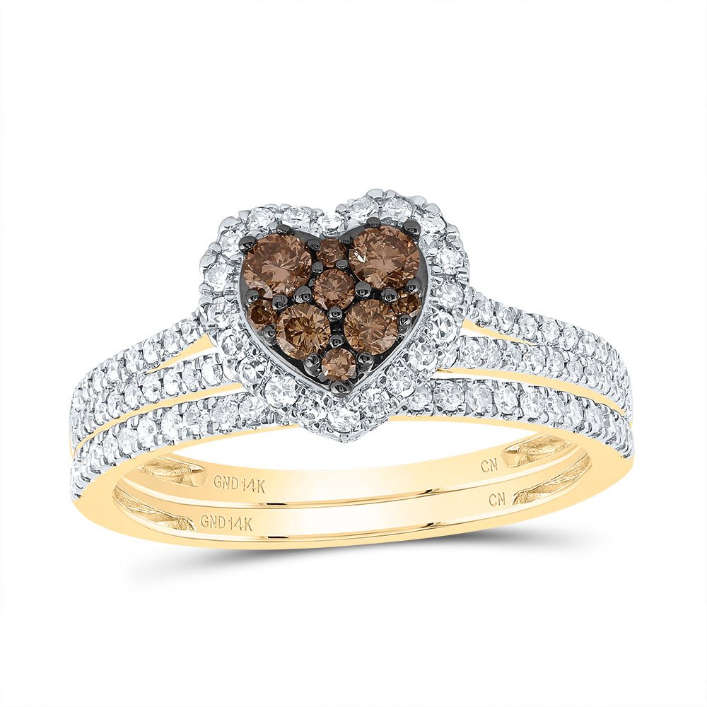 14K Yellow Gold Diamond Cognac Heart Bridal Set 3/4 Cttw - Splendid Jewellery