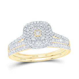14K Yellow Gold Diamond Cushion Double Halo Bridal Set 1/2 Cttw - Splendid Jewellery