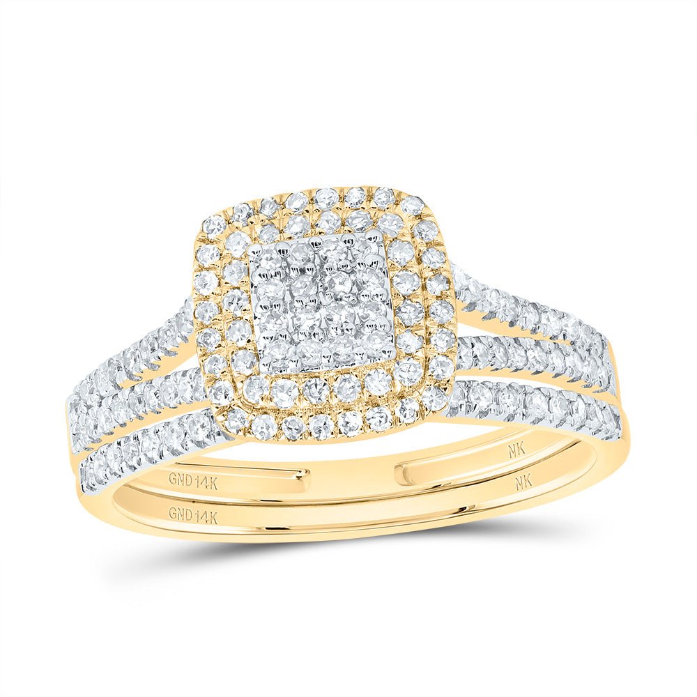 14K Yellow Gold Diamond Cushion Double Halo Bridal Set 1/2 Cttw - Splendid Jewellery