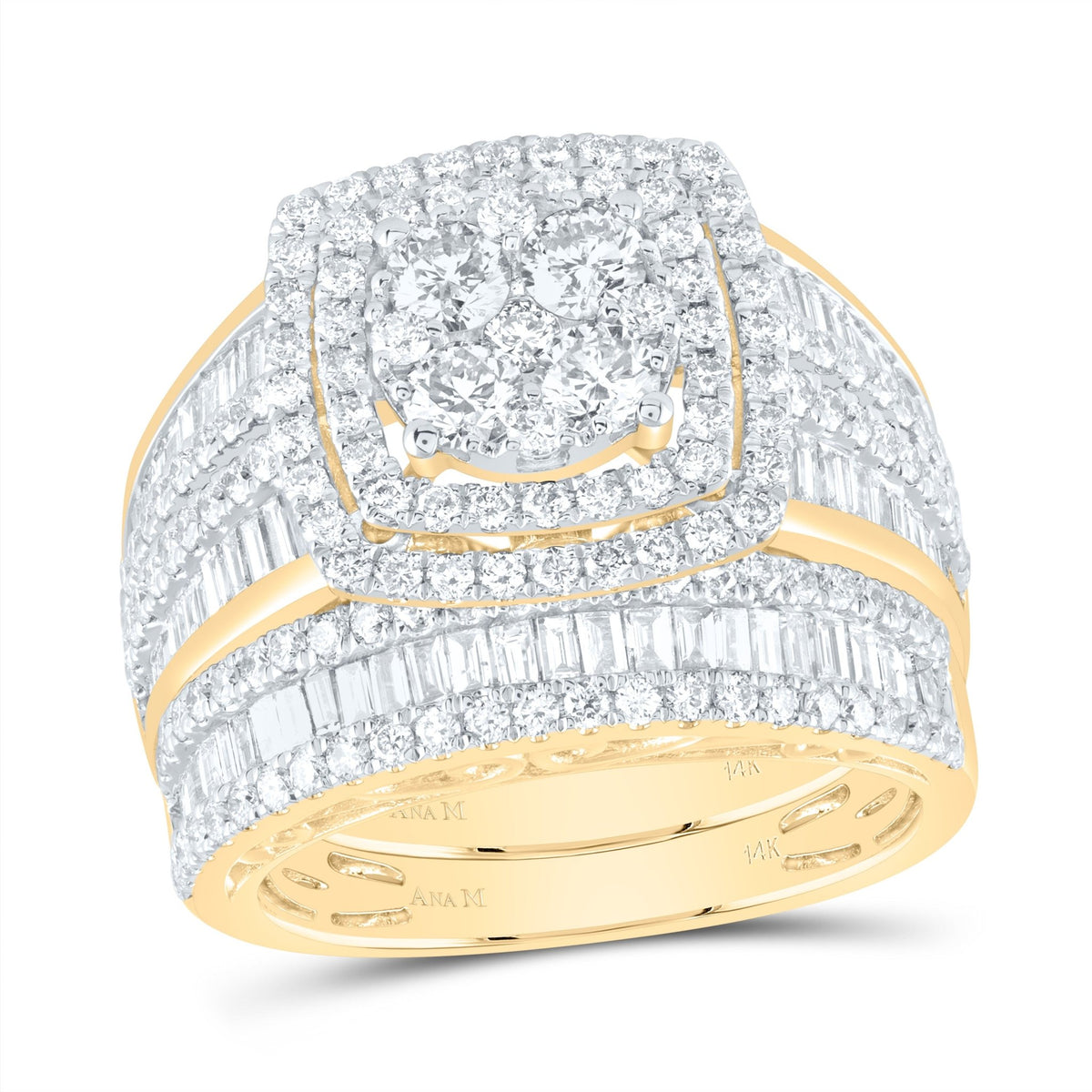 14K Yellow Gold Diamond Cushion Double Halo Bridal Set 2 1/2 Cttw - Splendid Jewellery