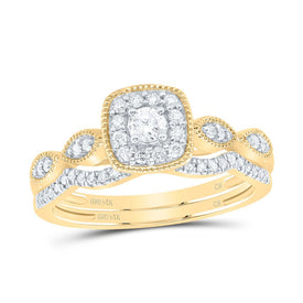 14K Yellow Gold Diamond Cushion Single Halo Bridal Set 1/3 Cttw - Splendid Jewellery