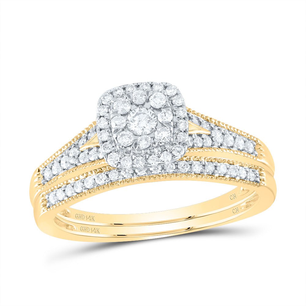 14K Yellow Gold Diamond Cushion Single Halo Bridal Set 3/8 Cttw - Splendid Jewellery