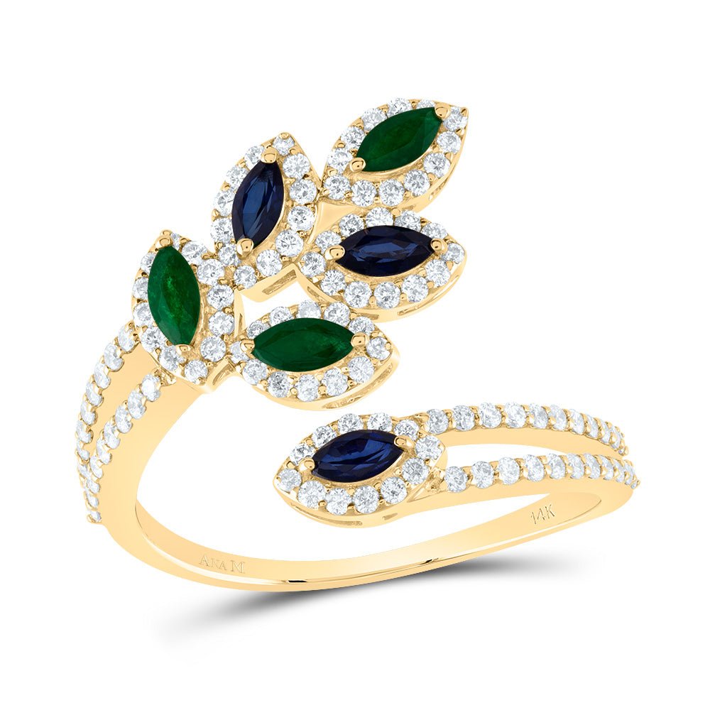 14K Yellow Gold Diamond Emerald and Blue Sapphire Gemstone Ring 1/2 Cttw - Splendid Jewellery