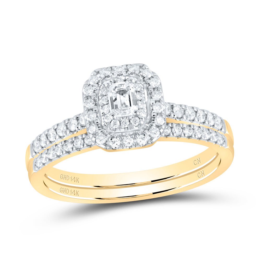 14K Yellow Gold Diamond Emerald Double Halo Bridal Set 1/2 Cttw - Splendid Jewellery