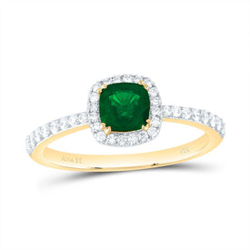 14K Yellow Gold Diamond Emerald Gemstone Cushion Ring 1/4 Cttw - Splendid Jewellery
