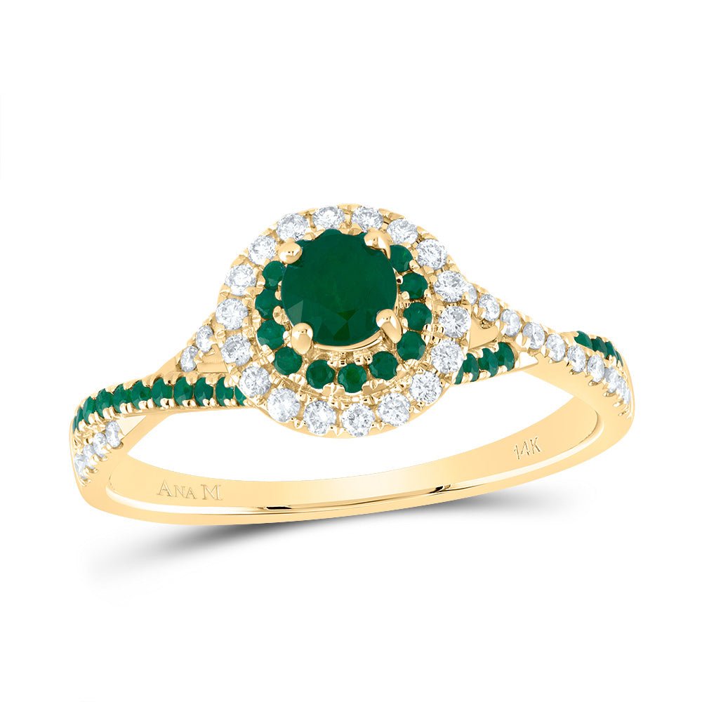 14K Yellow Gold Diamond Emerald Gemstone Double Halo Bridal Ring 1/5 Cttw - Splendid Jewellery