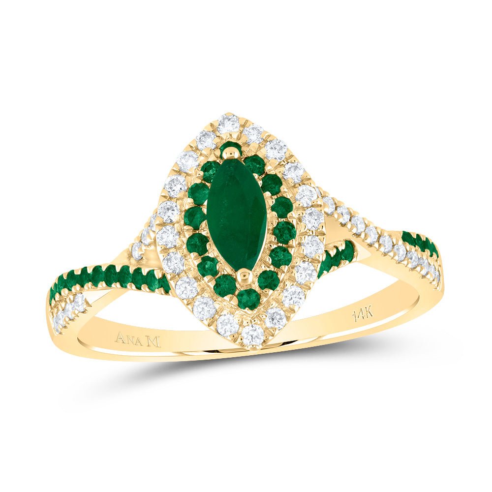 14K Yellow Gold Diamond Emerald Gemstone Double Halo Bridal Ring 1/5 Cttw - Splendid Jewellery