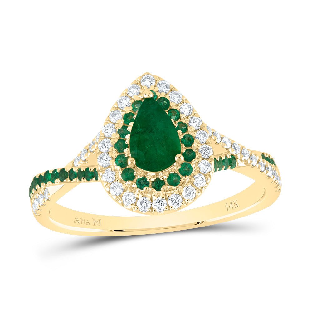 14K Yellow Gold Diamond Emerald Gemstone Double Halo Bridal Ring 1/5 Cttw - Splendid Jewellery