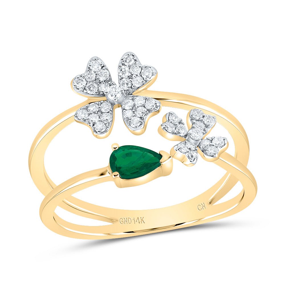 14K Yellow Gold Diamond Emerald Gemstone Fashion Flower Ring 1/5 Cttw - Splendid Jewellery