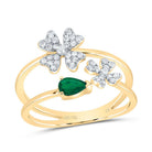 14K Yellow Gold Diamond Emerald Gemstone Fashion Flower Ring 1/5 Cttw - Splendid Jewellery