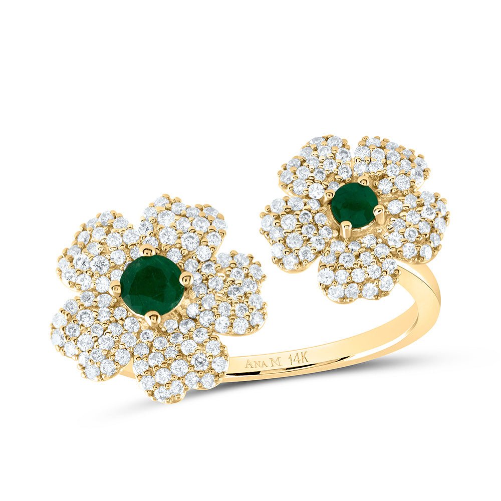 14K Yellow Gold Diamond Emerald Gemstone Flower Ring 1/2 Cttw - Splendid Jewellery