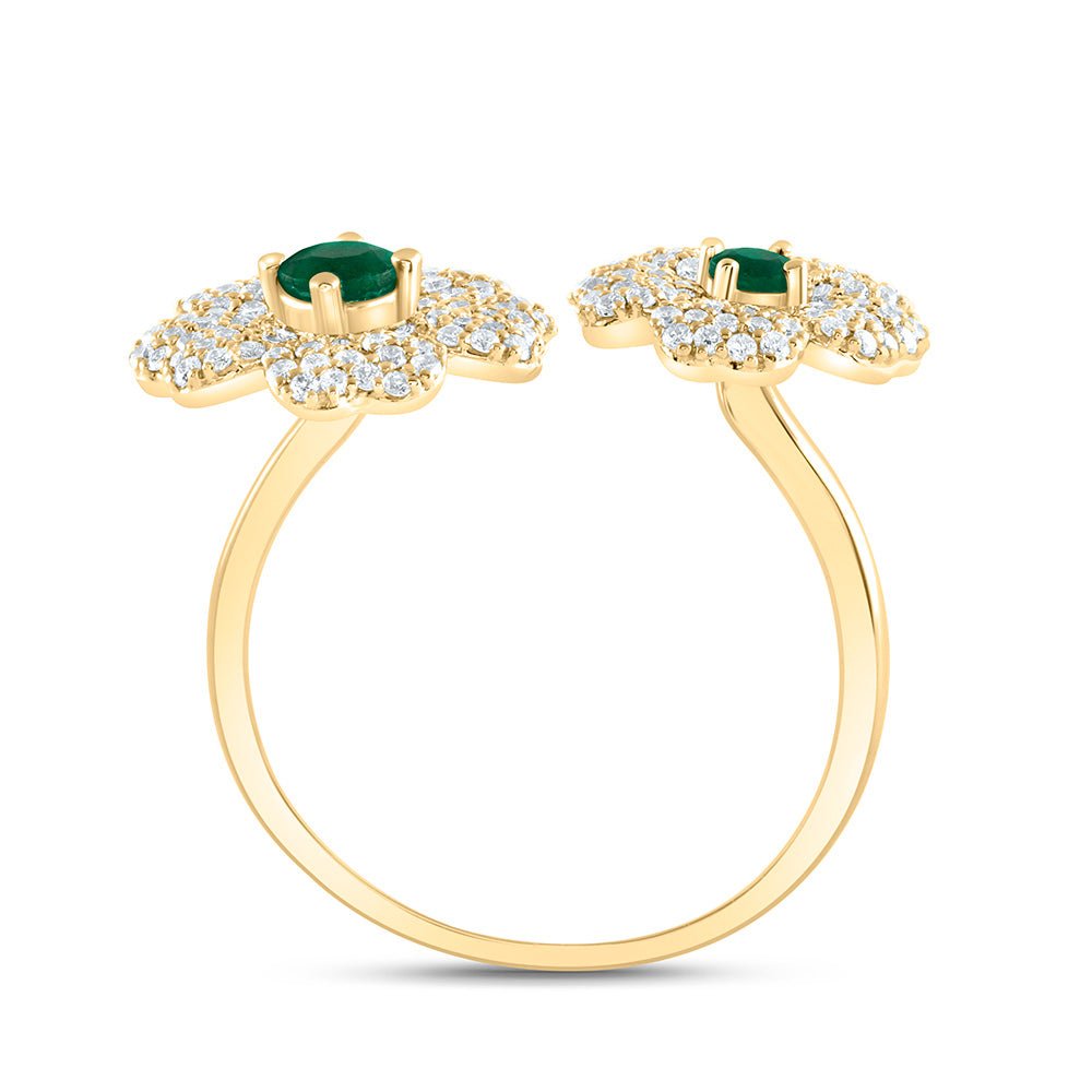 14K Yellow Gold Diamond Emerald Gemstone Flower Ring 1/2 Cttw - Splendid Jewellery