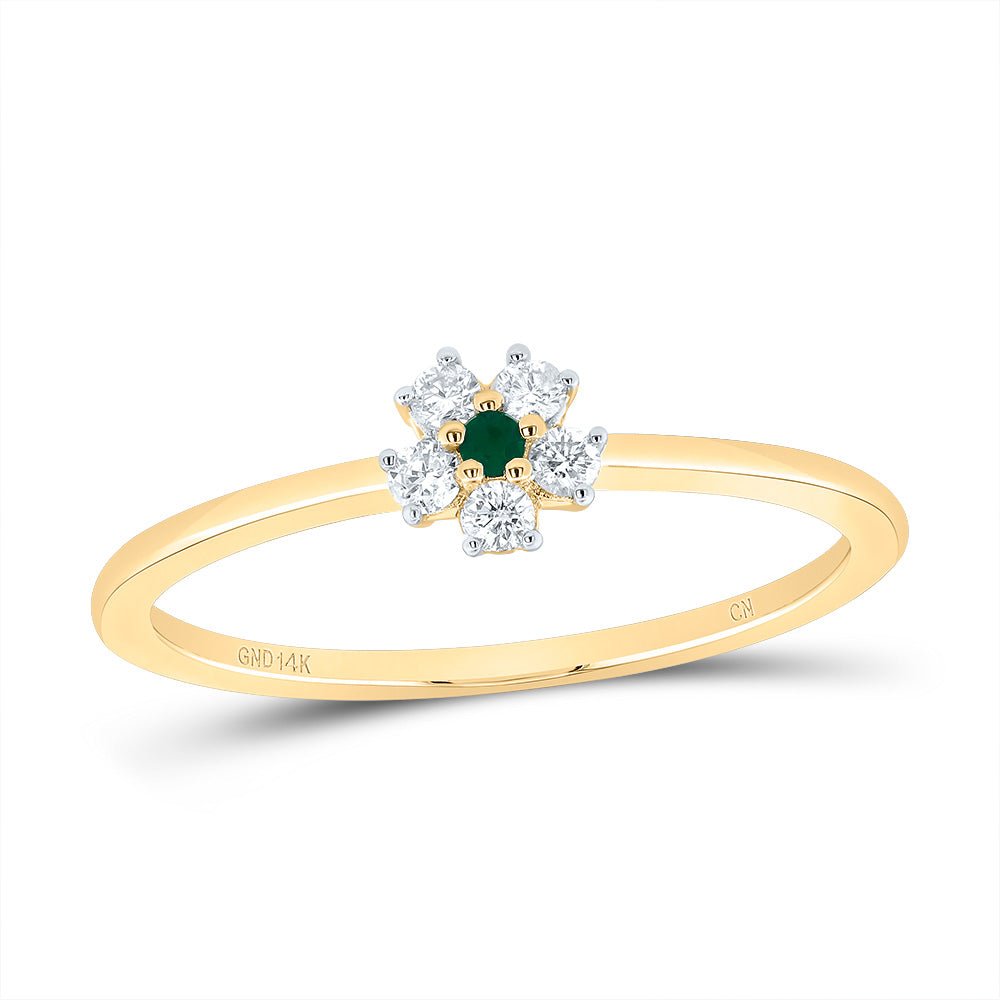 14K Yellow Gold Diamond Emerald Gemstone Flower Women's Ring 1/10 Cttw - Splendid Jewellery