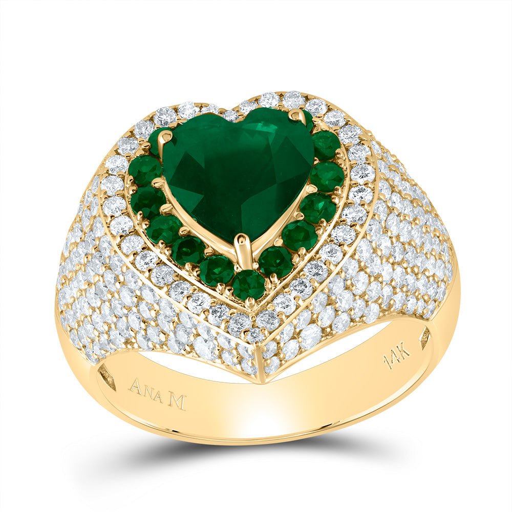 14K Yellow Gold Diamond Emerald Gemstone Heart Ring 1 5/8 Cttw - Splendid Jewellery