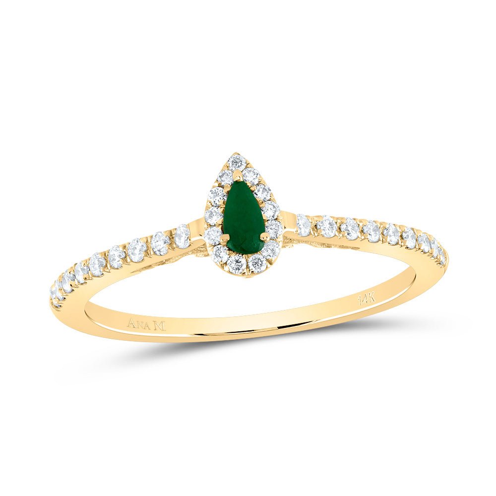 14K Yellow Gold Diamond Emerald Gemstone Pear Ring 1/6 Cttw - Splendid Jewellery
