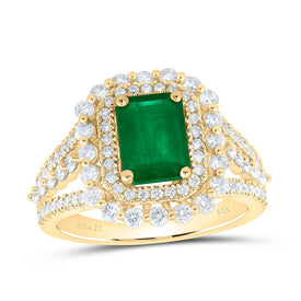 14K Yellow Gold Diamond Emerald Gemstone Ring 1 Cttw - Splendid Jewellery