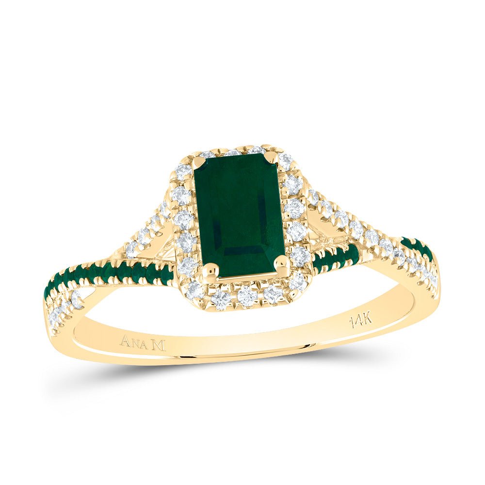 14K Yellow Gold Diamond Emerald Gemstone Single Halo Bridal Ring 1/6 Cttw - Splendid Jewellery